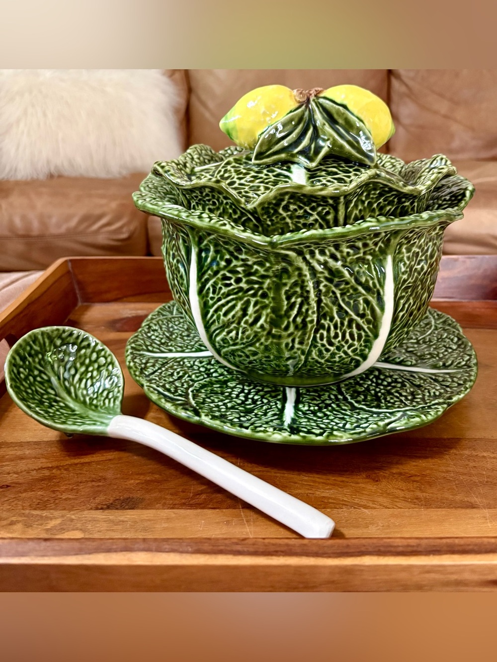 MAJOLICA OLFAIRE Portugal Green Cabbage Soup Tureen Under Plate & Ladle Set
